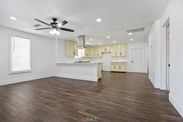 Empty room, Interior, Kitchen, Recessed Lighting, Wood Texture Flooring