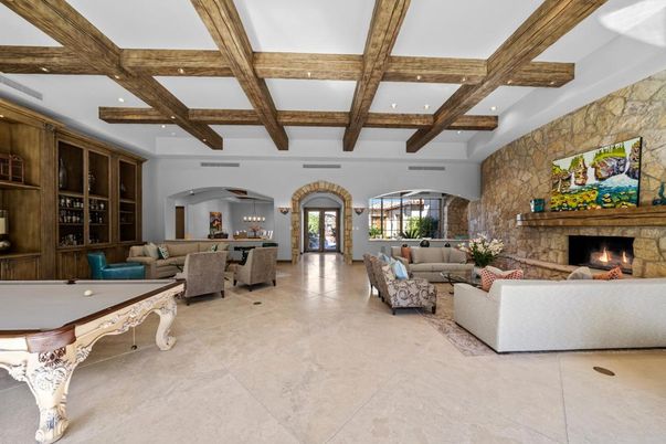 Billiard Table, Fireplace, Game Room, Interior, Living room, Recessed Lighting, Stone Walls, Wooden Beams