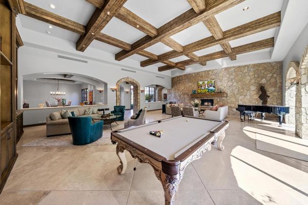 Billiard Table, Fireplace, Game Room, Interior, Living room, Recessed Lighting, Stone Walls, Wooden Beams