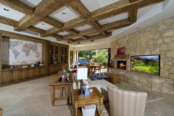 Dining room, Fireplace, Interior, Living room, Recessed Lighting, Stone Walls, Wooden Beams