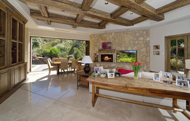 Dining room, Fireplace, Interior, Living room, Recessed Lighting, Stone Walls, Wooden Beams