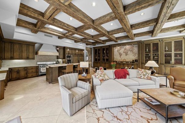 Interior, Kitchen, Living room, Recessed Lighting, Stainless Steel Appliances, Wooden Beams