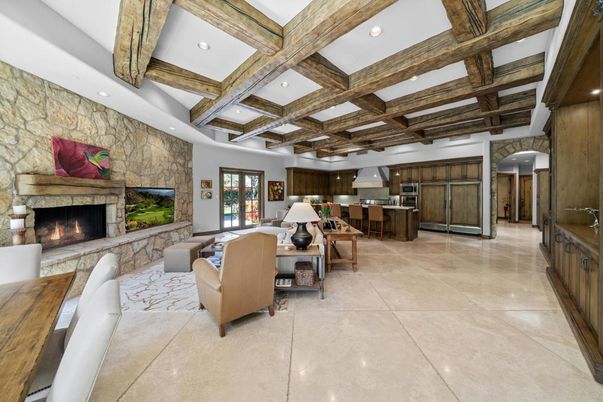 Fireplace, Interior, Kitchen, Living room, Recessed Lighting, Stone Walls, Wooden Beams