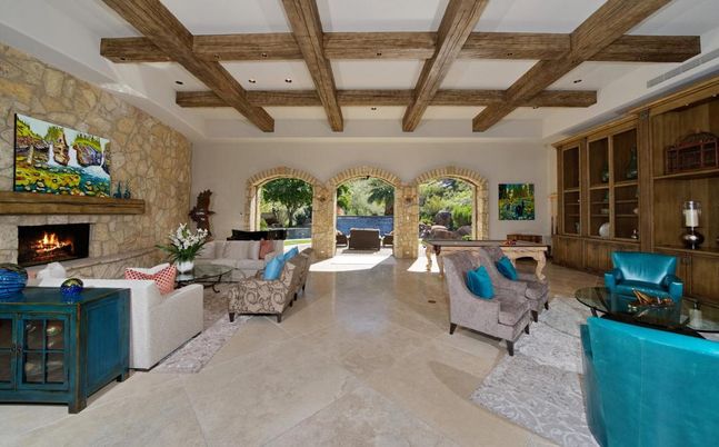 Fireplace, Interior, Living room, Recessed Lighting, Stone Walls, Wooden Beams