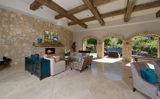 Fireplace, Interior, Living room, Recessed Lighting, Stone Walls, Wooden Beams