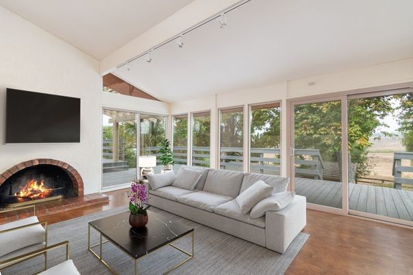 Fireplace, Interior, Living room, Sun Room, Wood Texture Flooring
