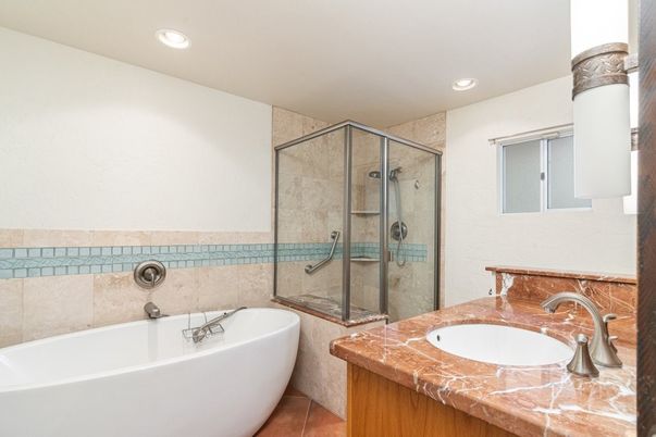 Bathroom, Free Standing Baths, Glass Shower, Interior, Recessed Lighting