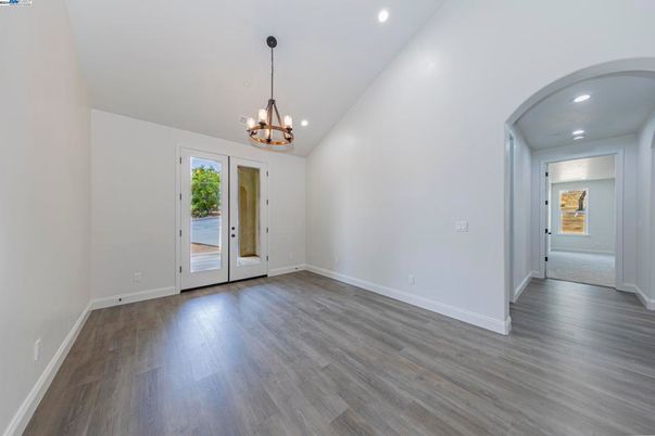 Chandelier, Empty room, Interior, Recessed Lighting, Wood Texture Flooring