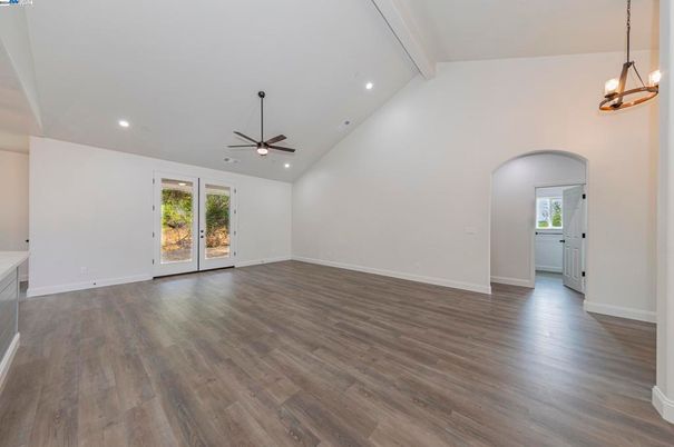 Empty room, Interior, Pendant Lights, Recessed Lighting, Wood Texture Flooring