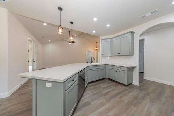 Interior, Kitchen, Pendant Lights, Recessed Lighting, Wood Texture Flooring