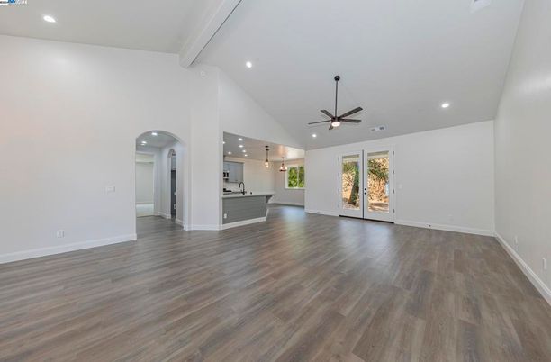 Empty room, Interior, Kitchen, Pendant Lights, Recessed Lighting, Wood Texture Flooring