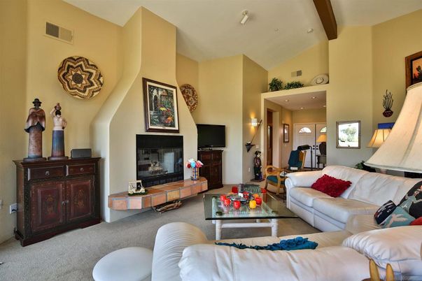 Fireplace, Interior, Living room, Recessed Lighting, Wooden Beams