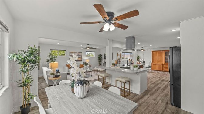 Dining room, Interior, Kitchen, Living room, Recessed Lighting, Wood Texture Flooring