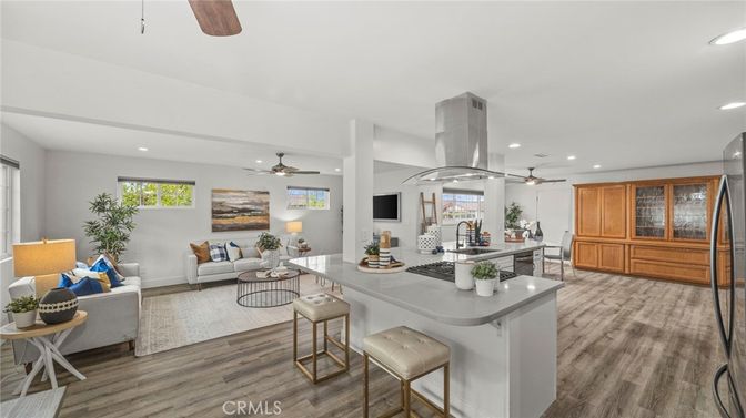 Dining room, Interior, Kitchen, Living room, Recessed Lighting, Wood Texture Flooring