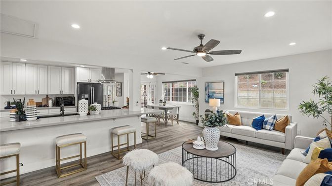 Dining room, Interior, Kitchen, Living room, Recessed Lighting, Stainless Steel Appliances, Wood Texture Flooring