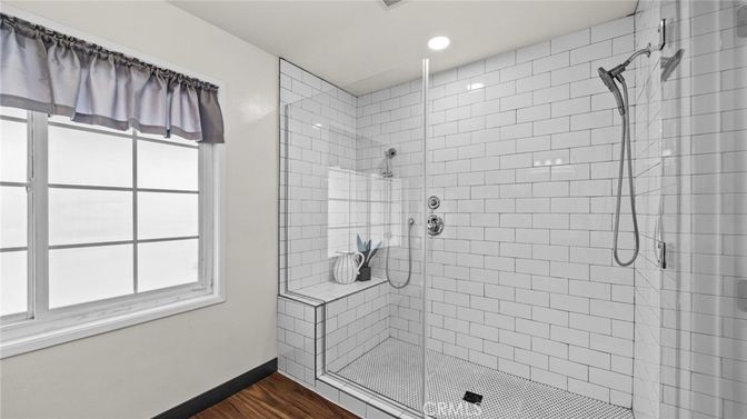 Bathroom, Glass Shower, Interior, Recessed Lighting, Wood Texture Flooring