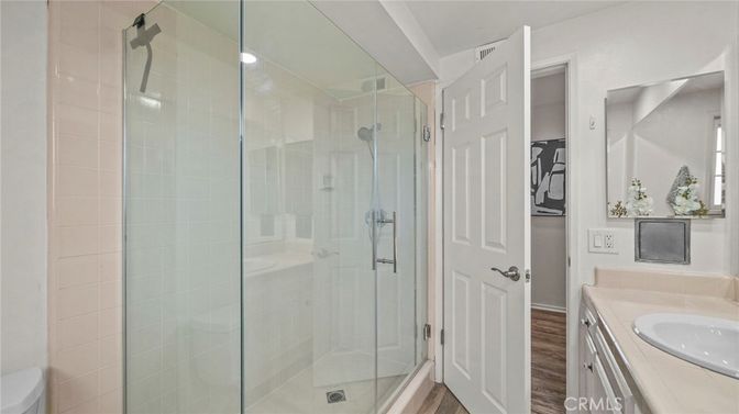 Bathroom, Glass Shower, Interior, Tile Countertops, Wood Texture Flooring