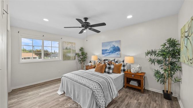 Bedroom, Interior, Recessed Lighting, Wood Texture Flooring
