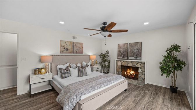 Bedroom, Fireplace, Interior, Recessed Lighting, Wood Texture Flooring