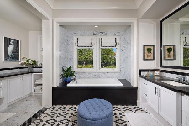 Bathroom, Dual Sink Vanities, Interior, Marble, Marble Walls, Recessed Lighting