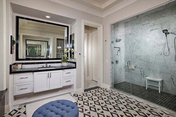 Bathroom, Glass Shower, Interior, Marble Walls, Recessed Lighting