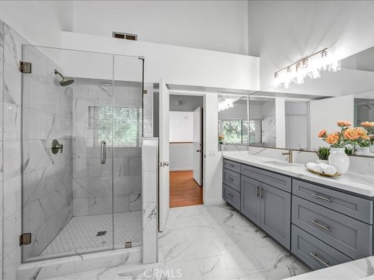 Bathroom, Dual Sink Vanities, Glass Shower, Interior, Marble, Marble Walls