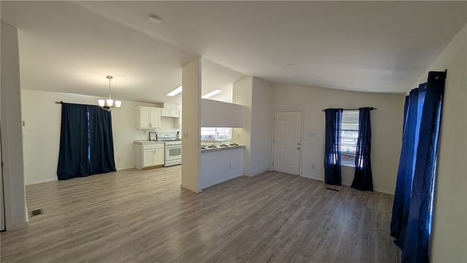 Chandelier, Empty room, Interior, Kitchen, Wood Texture Flooring