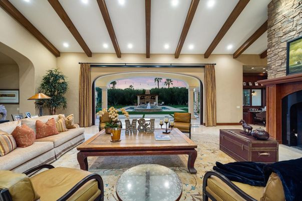 Fireplace, Interior, Living room, Recessed Lighting, Stone Walls, Wooden Beams