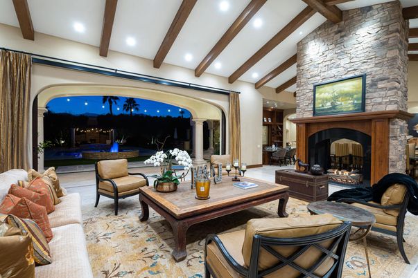Fireplace, Interior, Living room, Recessed Lighting, Stone Walls, Wooden Beams