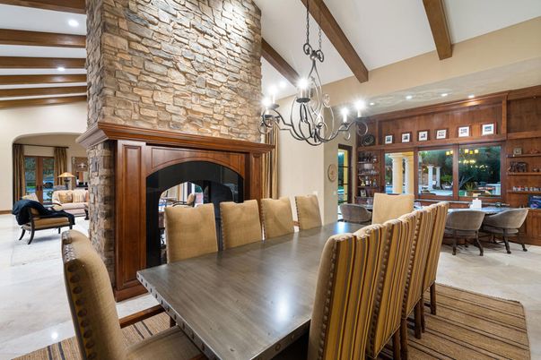 Dining room, Fireplace, Interior, Pendant Lights, Recessed Lighting, Stone Walls, Wooden Beams