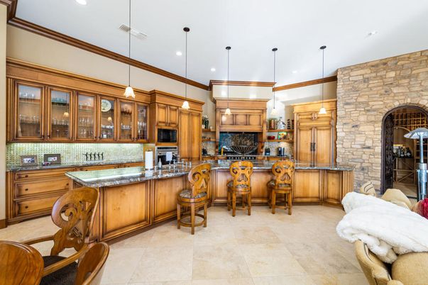 Interior, Kitchen, Pendant Lights, Recessed Lighting, Stone Walls