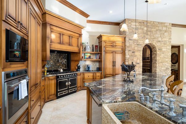 Interior, Kitchen, Pendant Lights, Recessed Lighting, Stainless Steel Appliances, Stone Walls