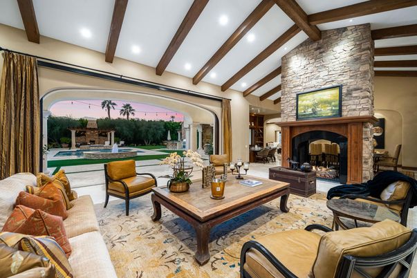 Fireplace, Interior, Living room, Recessed Lighting, Stone Walls, Wooden Beams
