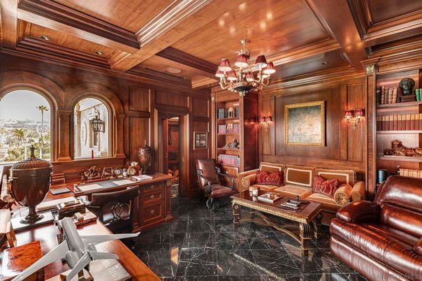 Chandelier, Home Office, Interior, Living room, Marble, Recessed Lighting, Wooden Beams, Wooden Ceilings, Wooden Walls