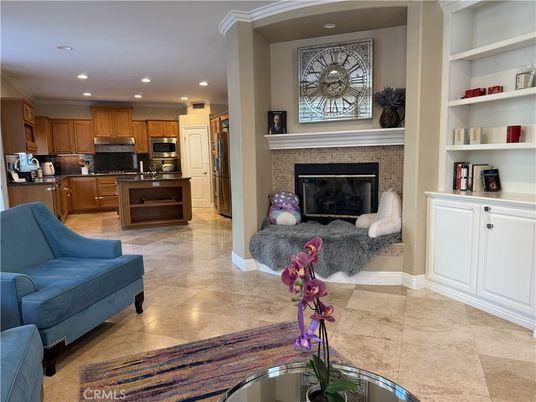 Fireplace, Interior, Kitchen, Recessed Lighting, Stainless Steel Appliances