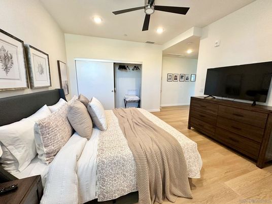 Bedroom, Interior, Recessed Lighting, Wood Texture Flooring