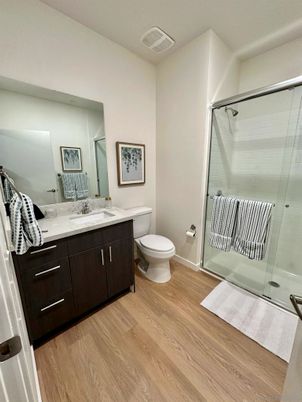 Bathroom, Glass Shower, Interior, Wood Texture Flooring