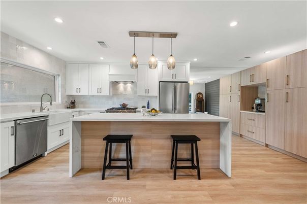 Interior, Kitchen, Pendant Lights, Recessed Lighting, Stainless Steel Appliances, Wood Texture Flooring