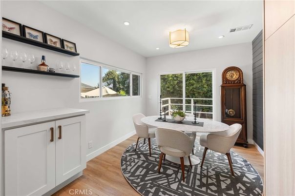 Dining room, Interior, Recessed Lighting, Wood Texture Flooring
