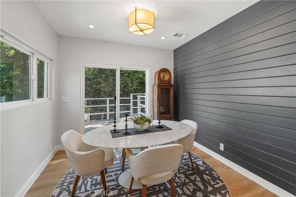 Dining room, Interior, Recessed Lighting, Wood Texture Flooring