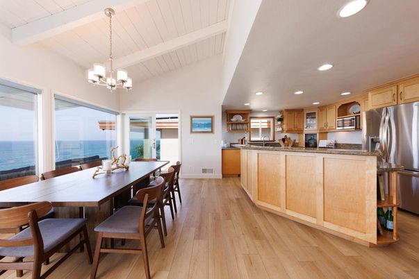 Chandelier, Dining room, Interior, Kitchen, Pendant Lights, Recessed Lighting, Stainless Steel Appliances, Water, Wood Texture Flooring