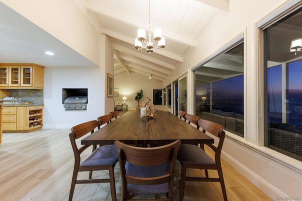 Chandelier, Dining room, Interior, Recessed Lighting, Water, Wood Texture Flooring
