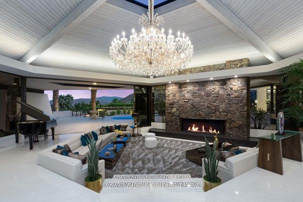 Chandelier, Fireplace, Interior, Living room, Piano, Recessed Lighting