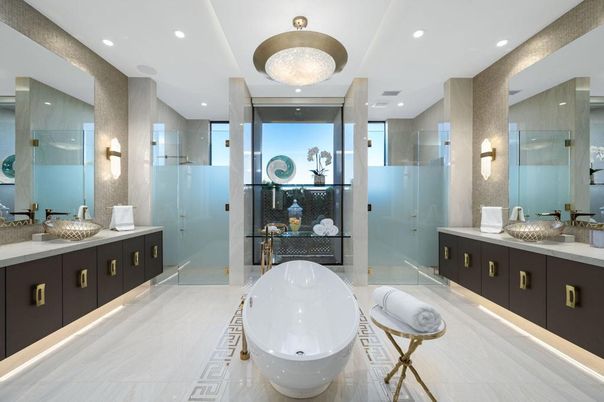 Bathroom, Dual Sink Vanities, Free Standing Baths, Glass Shower, Interior, Recessed Lighting