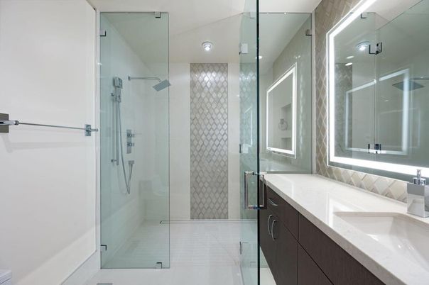 Bathroom, Dual Sink Vanities, Glass Shower, Interior, Recessed Lighting