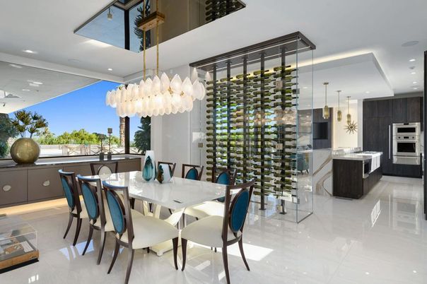 Chandelier, Dining room, Interior, Kitchen, Pendant Lights, Recessed Lighting, Stainless Steel Appliances, Wine Storage