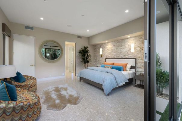 Bedroom, Interior, Recessed Lighting, Stone Walls