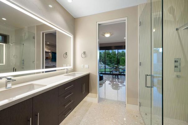 Bathroom, Dual Sink Vanities, Glass Shower, Interior, Recessed Lighting