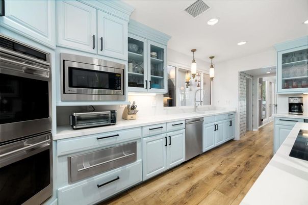 Interior, Kitchen, Pendant Lights, Recessed Lighting, Stainless Steel Appliances, Wood Texture Flooring