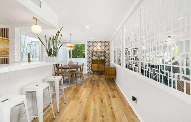 Dining room, Interior, Recessed Lighting, Wood Texture Flooring